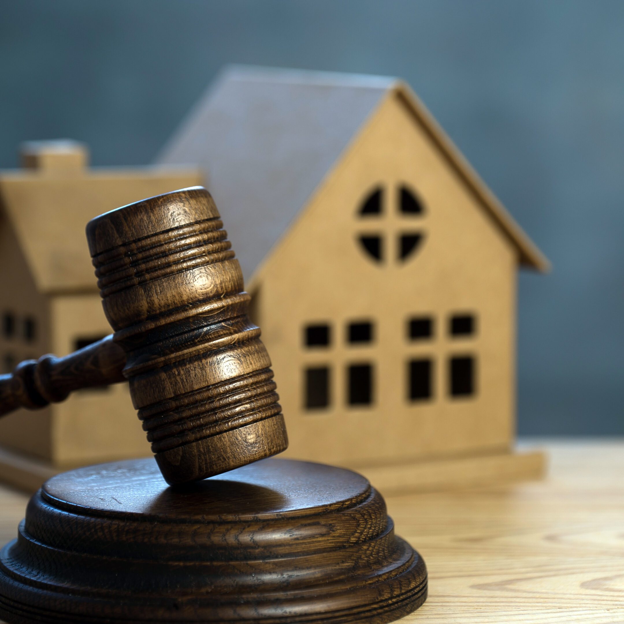Gavel and house model on table