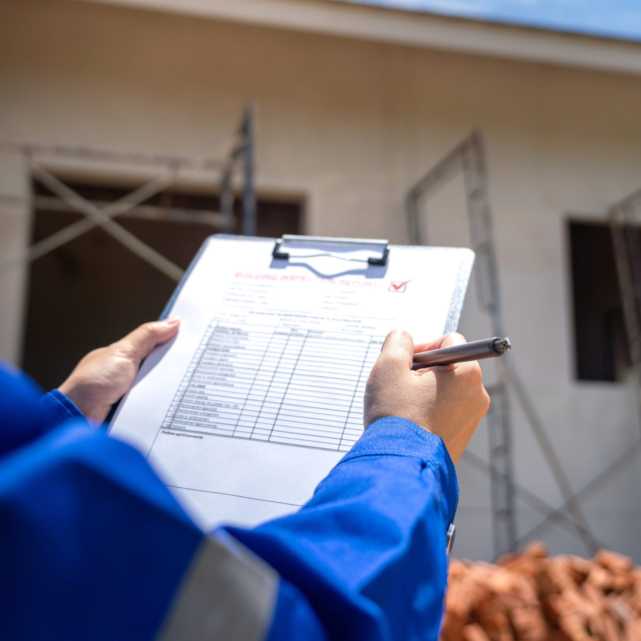 Person inspecting building site with checklist