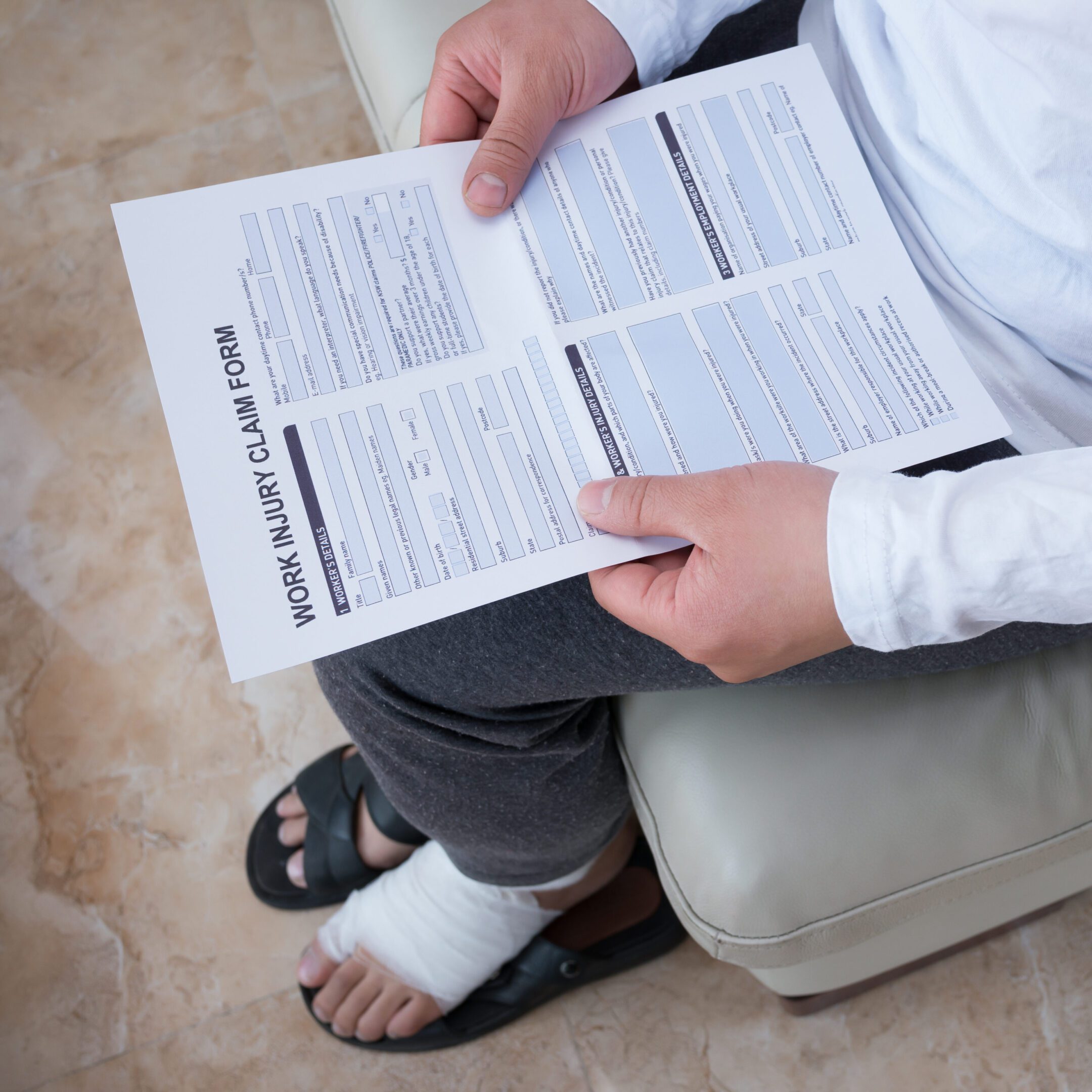 Injured person holding work injury claim form
